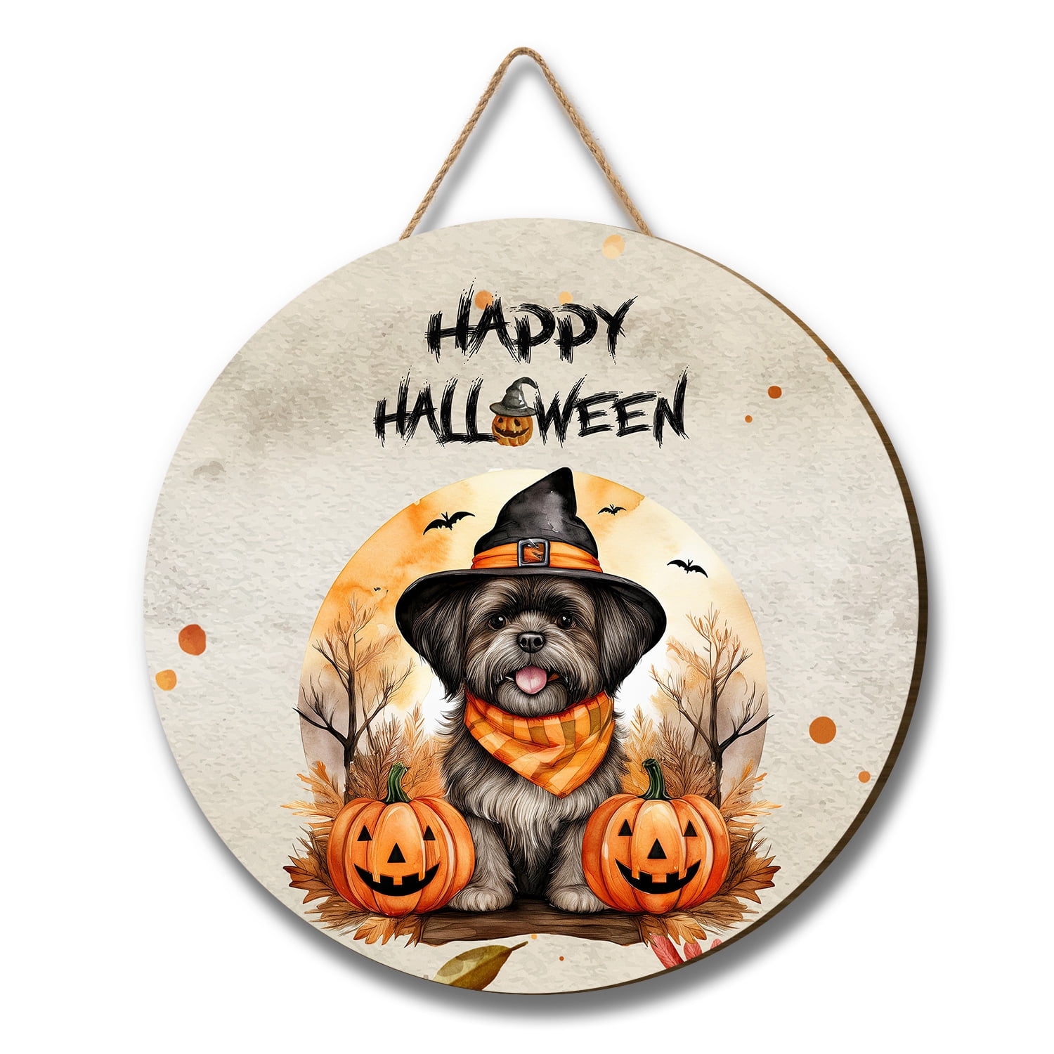Happy Halloween Shih Tzu Witches Hat Pumpkin Carving Round Wood Sign ...