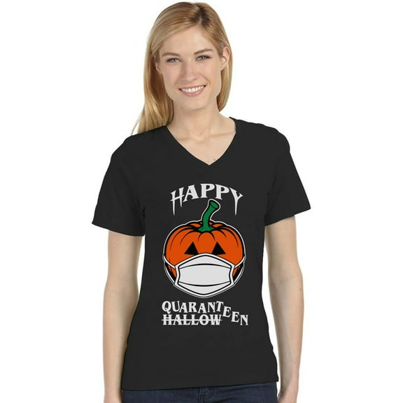 Happy Halloween Shirt 2020 Quarantine Jack O Lantern V-Neck Fitted Women T-Shirt Small Black