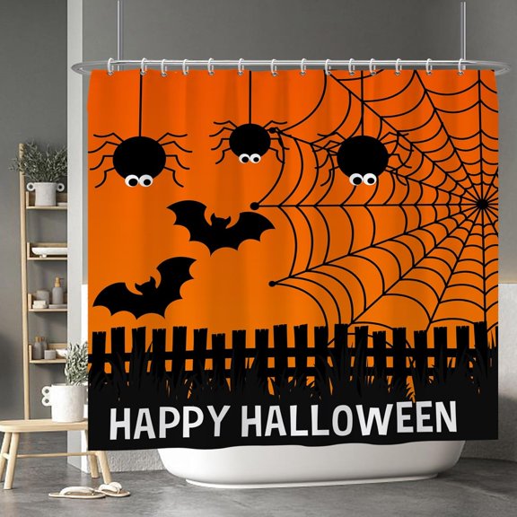 Happy Halloween Shower Curtain Cartoon Spider Web Spooky Bats Fence Scary Night Trick or Treat Shower Curtains for Kids Bathroom Bathtubs Bath Decor Waterproof Fabric with Hooks 84x72 Inches