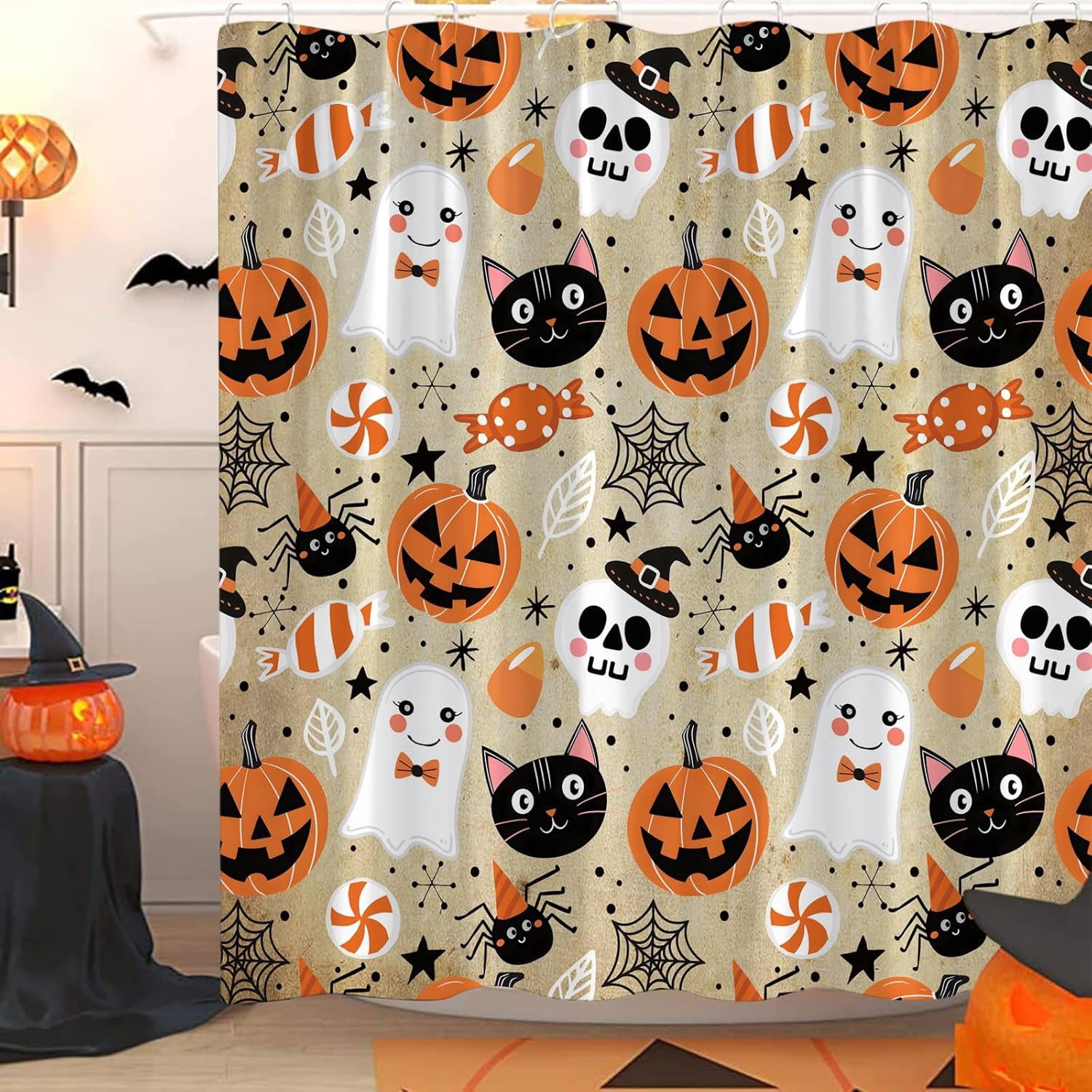 Happy Halloween Shower Curtain Cute Cartoon Pumpkin Spooky Ghost Orange Pumpkin Head Icons Funny Black Cat Spider‘s Web Skull Skeleton Witch Hat Fabric Bath Curtain Set with Hook