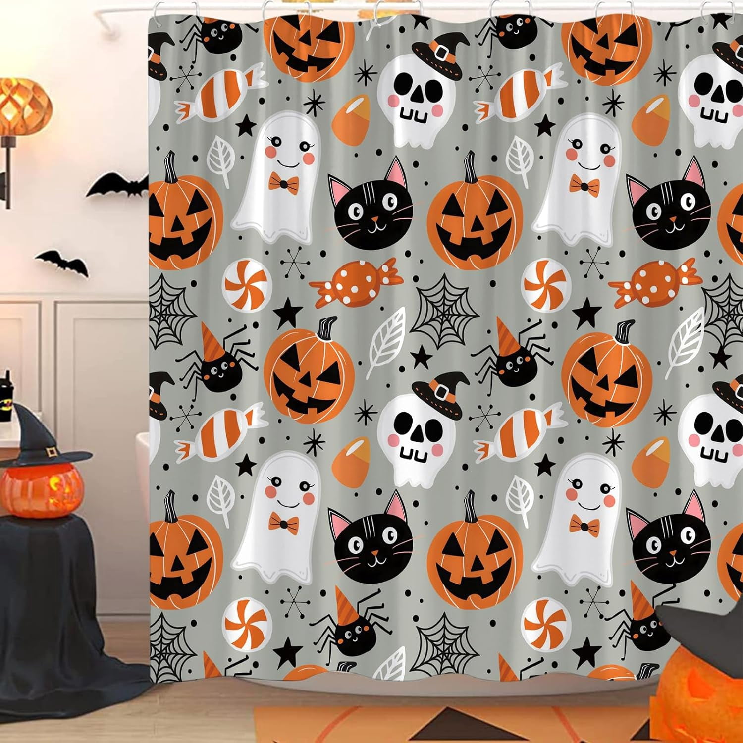 Happy Halloween Shower Curtain Cute Cartoon Pumpkin Spooky Ghost Orange ...