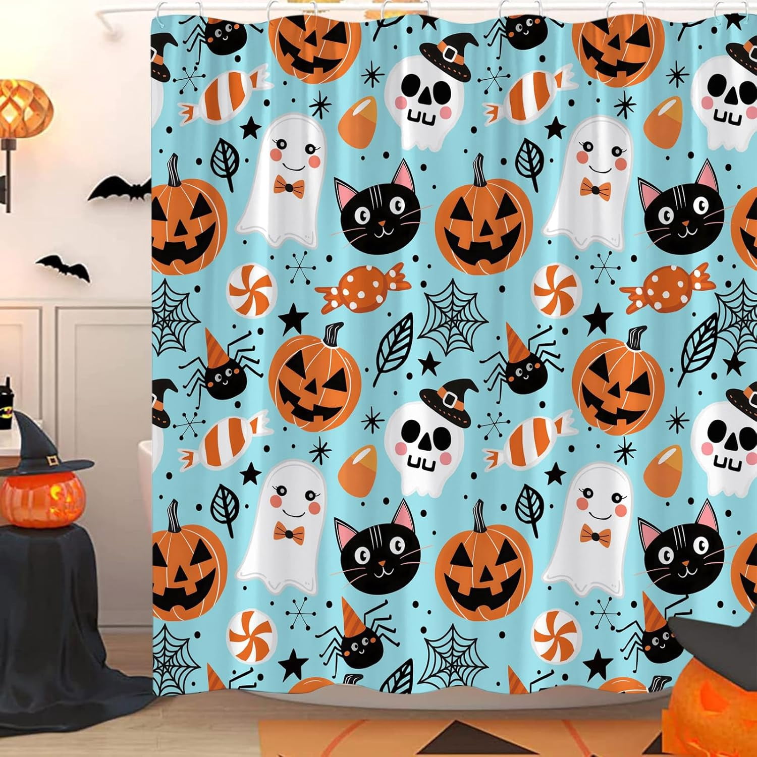 Happy Halloween Shower Curtain Cute Cartoon Pumpkin Spooky Ghost Orange Pumpkin Head Icons Funny Black Cat Spider‘s Web Skull Skeleton Witch Hat Fabric Bath Curtain Set with Hook