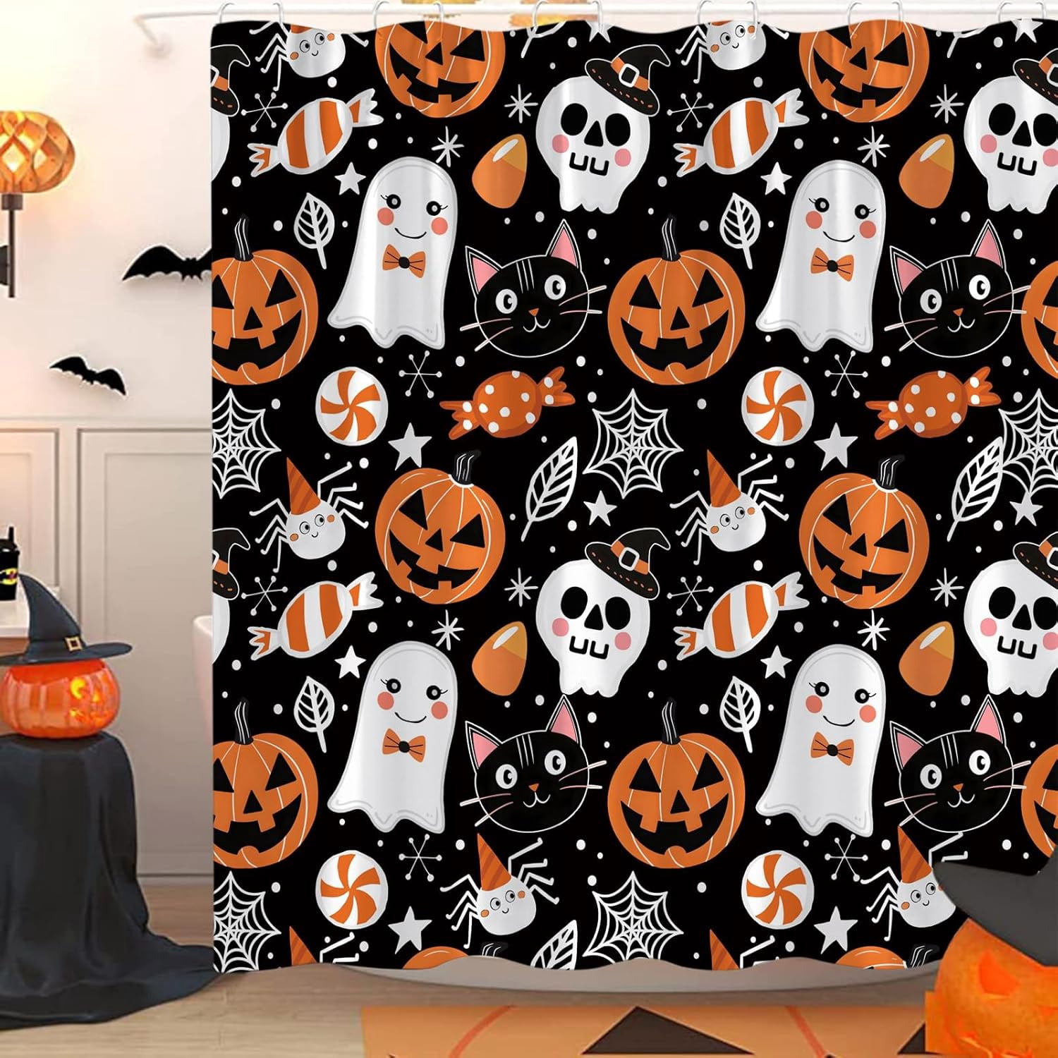 Happy Halloween Shower Curtain Cute Cartoon Pumpkin Spooky Ghost Orange Pumpkin Head Icons Funny Black Cat Spider‘s Web Skull Skeleton Witch Hat Fabric Bath Curtain Set with Hook