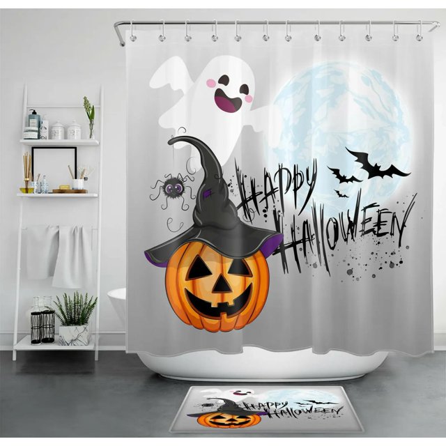 Happy Halloween Shower Curtain Cute Ghost Pumpkin Witch Spider Bathroom