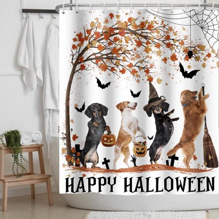 Happy Halloween Shower Curtain Funny Dog Maple Puppy with Witch Hat Pumpkin Broom Cross Fabric Shower Curtains Funny Animal Shower Curtain Bathroom Accessories