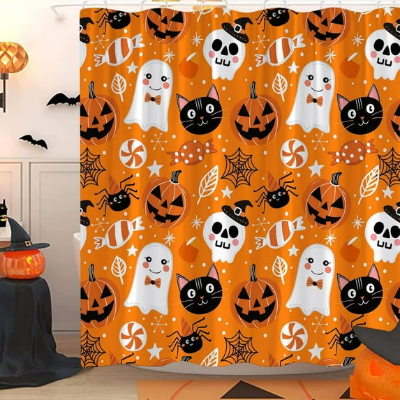 Happy Halloween Shower Curtain Gothic Cartoon Pumpkin Cute Ghost Creepy Black Cat Candy Spooky Bat Spider Web Horror Abstract Fabric Home Decor Bathroom Curtain Set with Hooks