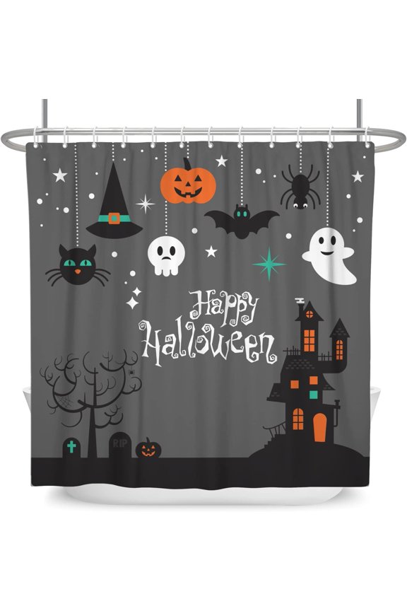 Happy Halloween Shower Curtain for Kids Shower Curtain Cute Spooky Haunted Castle Bat Pumpkin Spider Witch Hat Bathroom Curtain Grey Background Waterproof Fabric with Hooks 72Wx72H Inch