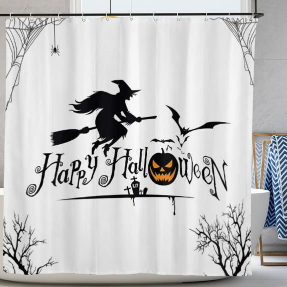 Happy Halloween Shower Curtain Magic Witch Broom Spider Web Pumpkin Bat Shower Curtains with Hooks for Bathroom Decor 72"x72"