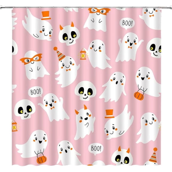 Happy Halloween Shower Curtain Pink Cute Ghost Pumpkin Spooky Cartoon Halloween Holiday Party Horror Night Creative Bathroom Decor Fabric with Hook