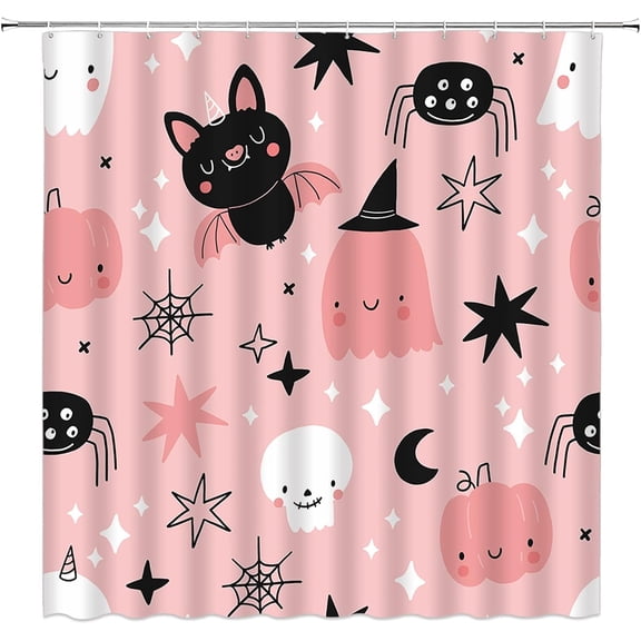 Happy Halloween Shower Curtain Pink Cute Ghost Spooky Cartoon Halloween Holiday Party Horror Night Creative Bathroom Decor Fabric with Hook
