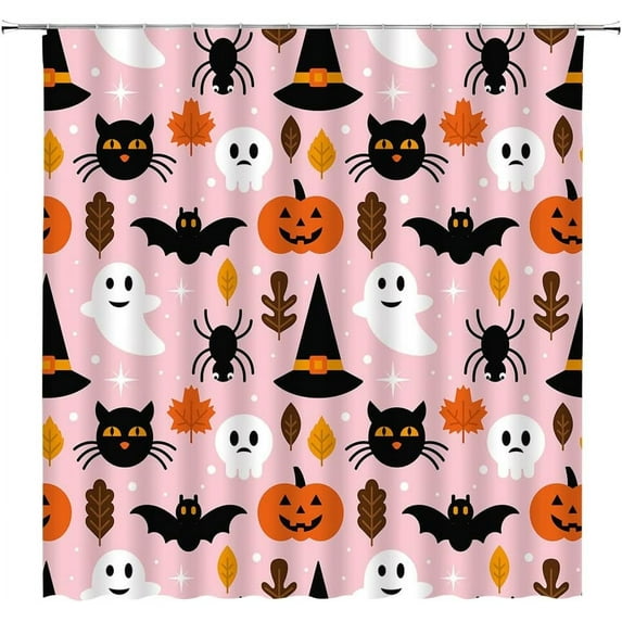Happy Halloween Shower Curtain Spooky Cute Funny Ghost Skull Pumpkin Black Cat Bat Spider Witch Hat Maple Leaves Stars All Saints Day Cartoon Holiday Party Pink Bathroom Curtain Decor Fabric with Hook