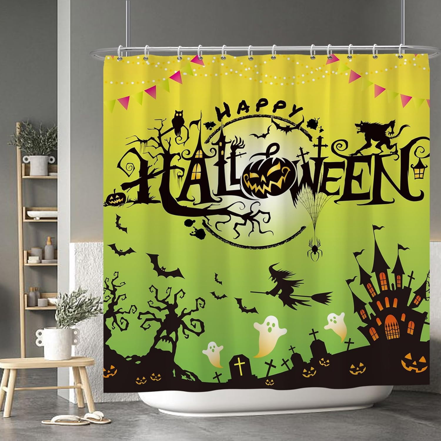 Halloween Shower Curtain Set - 72x72 Inch, Black Fabric With Ghosts, Grave, Castle, Pumpkin Design - View #6