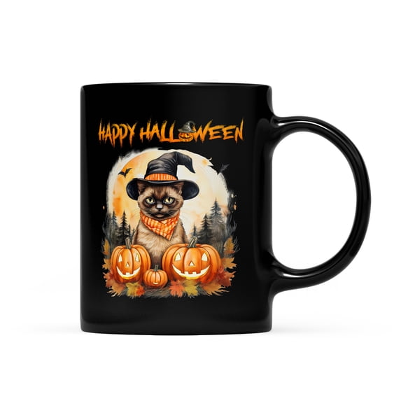 Happy Halloween Siamese Witches Hat Pumpkin Carving Mug Cat Lover Kitten Owner Gifts Coffee Tea Cup - 02019