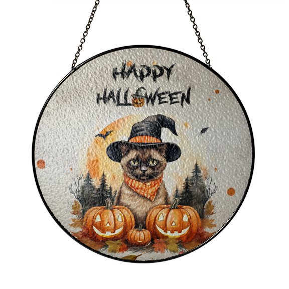 Happy Halloween Siamese Witches Hat Pumpkin Carving Stained Glass Suncatcher Cat Lover Kitten Owner Gifts Window Hanging Sign Decor - 02019