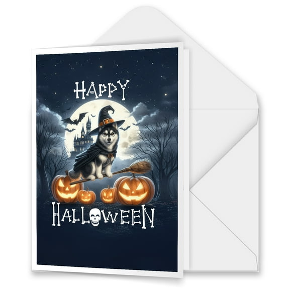 Happy Halloween Siberian Husky Witch Pumpkins Bats 5x7in Folded Greeting Card Husky Dog Lover Gifts Single Note Card with Envelope - 13012
