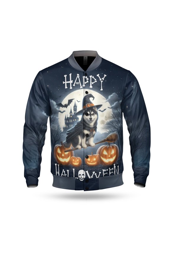 Happy Halloween Siberian Husky Witch Pumpkins Bats All Over Print 3D Baseball Jacket Husky Dog Lover Gifts Bomber Jacket Softball - 13012