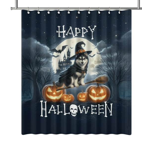 Happy Halloween Siberian Husky Witch Pumpkins Bats Shower Curtain Husky Dog Lover Gifts Waterproof Bathroom Bathtub Curtain - 13012
