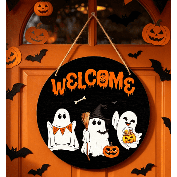 Happy Halloween Sign, Cute Ghost Decor, 11.81" Round Wooden Wall/Door Decor, Perfect for Home, Office, Cafe