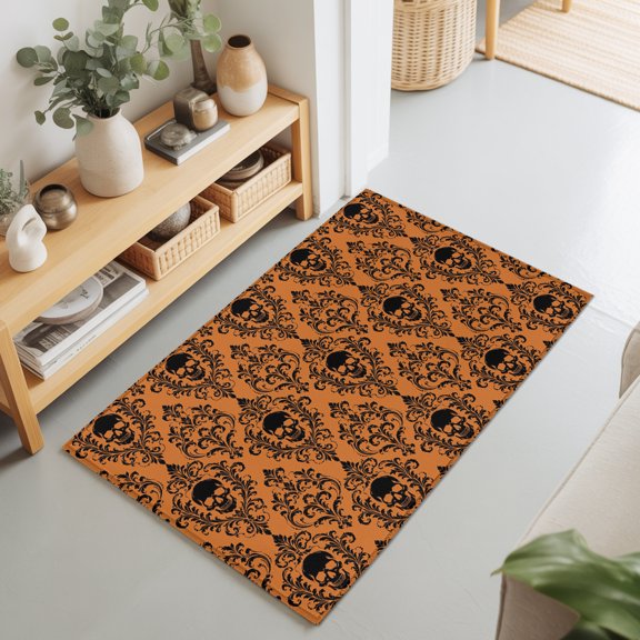 Happy Halloween Skeleton Damask Flower Skull Rectangle Area Rug 2x3ft,Living Room Rug Non-Slip Washable Circle Rugs Pad,Retro Orange Soft Floor Carpet for Bedroom Dining Room