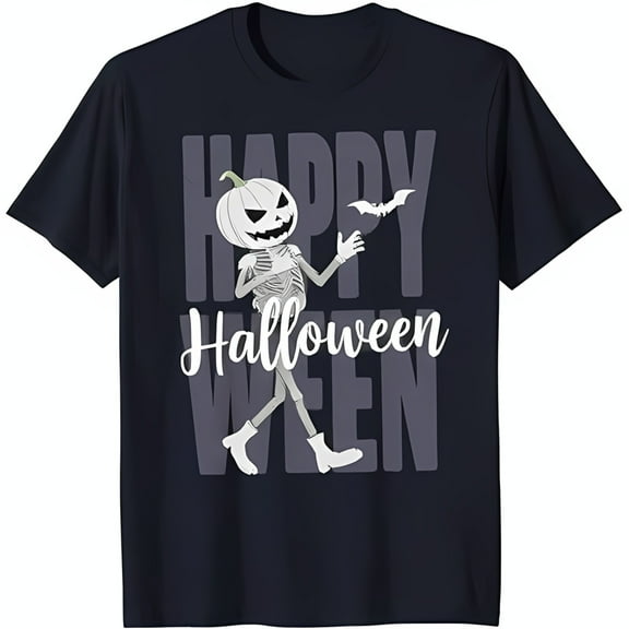 Happy Halloween Skeleton Pumpkin T-Shirt Festive Graphic Design with Bat