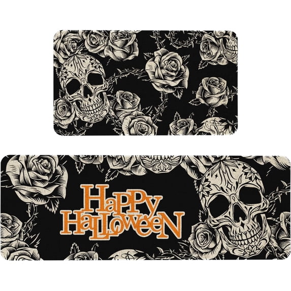 Happy Halloween Skull Kitchen Mat Sets of 2 Floral Skull Rubber Non Slip Kitchen Rugs Set Floor Mats Washable Carpet Mat Comfort Standing Mat Kitchen Decor Decoration- 17x30 and 17x47 Inch