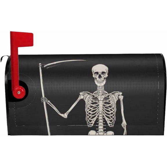 Happy Halloween Skull Mailbox Cover, Skeleton 21x18 Inch Magnetic Mailbox Covers, Black Standard Size Mailbox Wrap Post Letter Box Cover Mailbox Post Cover for Garden Yard Decor