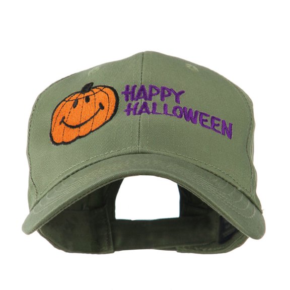 Happy Halloween Smile Pumpkin Embroidered Cap - Olive OSFM