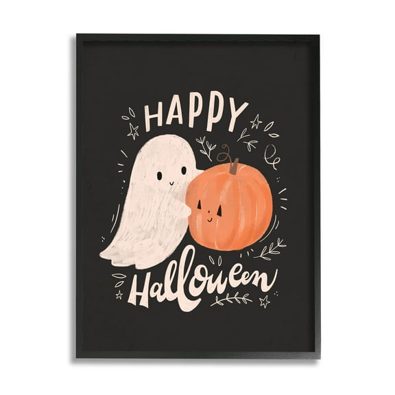Happy Halloween Smiling Ghost Pumpkin Holiday Graphic Art Black Framed Art Print Wall Art