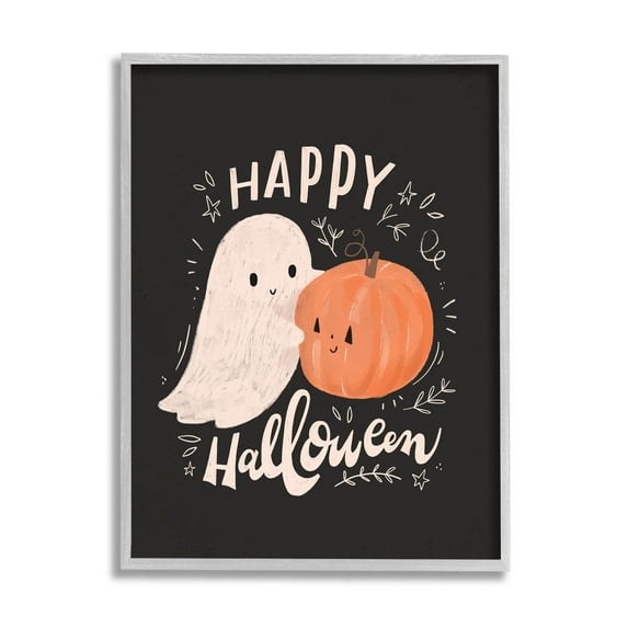 Happy Halloween Smiling Ghost Pumpkin Holiday Graphic Art Gray Framed Art Print Wall Art