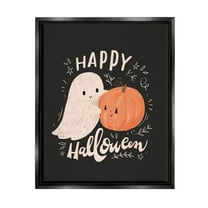 Happy Halloween Smiling Ghost Pumpkin Holiday Graphic Art Jet Black Framed Art Print Wall Art