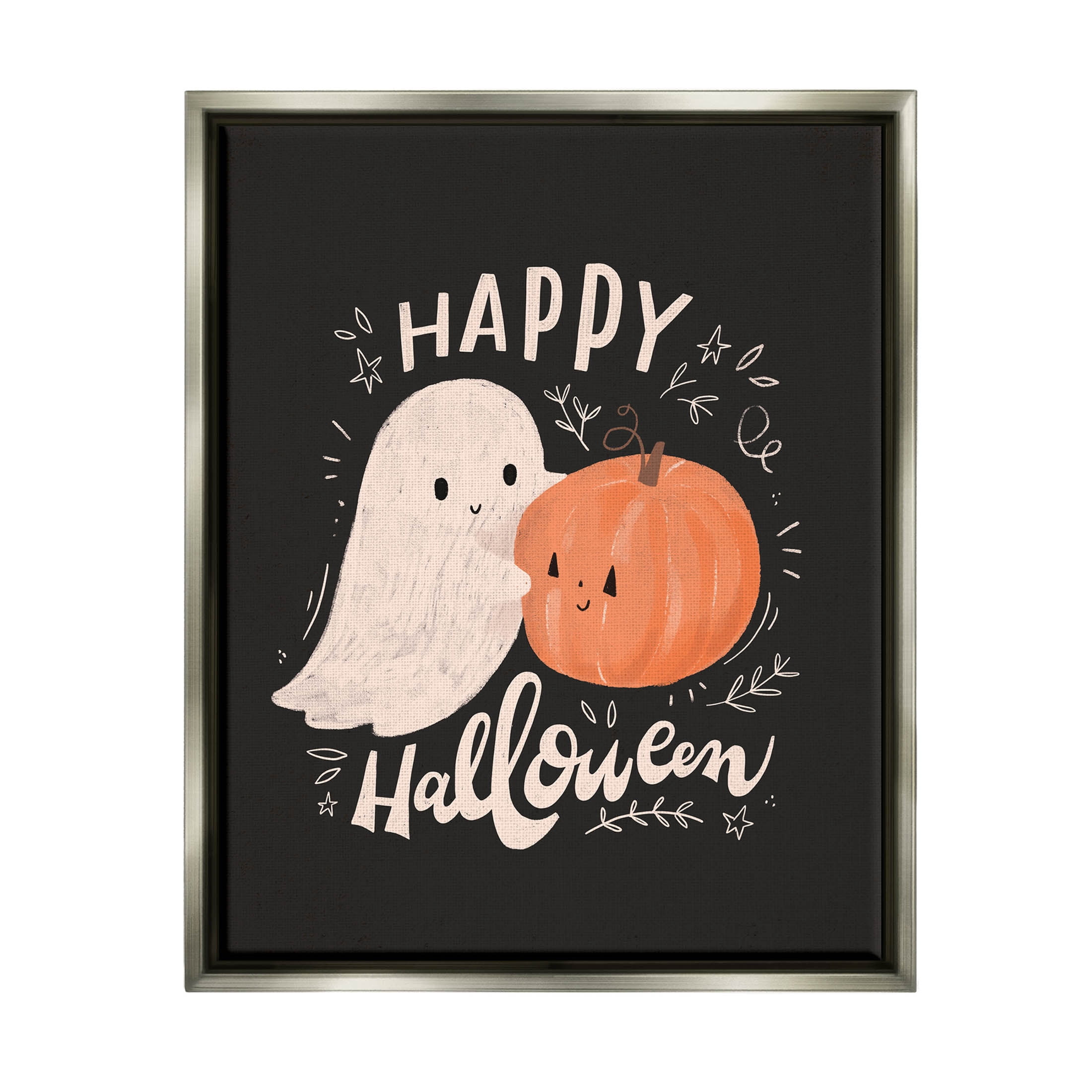 Happy Halloween Smiling Ghost Pumpkin Holiday Graphic Art Luster Gray Framed Art Print Wall Art
