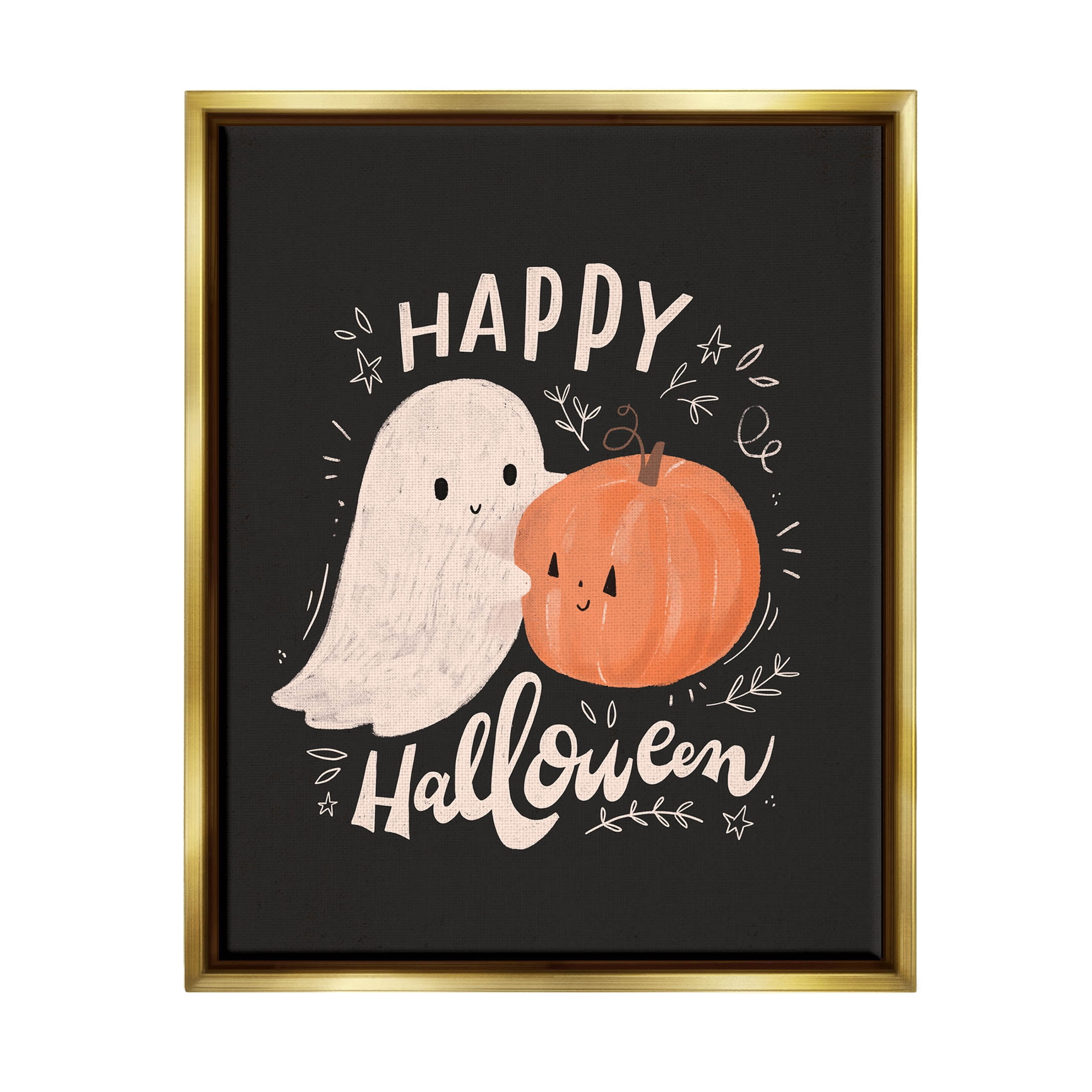 Happy Halloween Smiling Ghost Pumpkin Holiday Graphic Art Metallic Gold Framed Art Print Wall Art