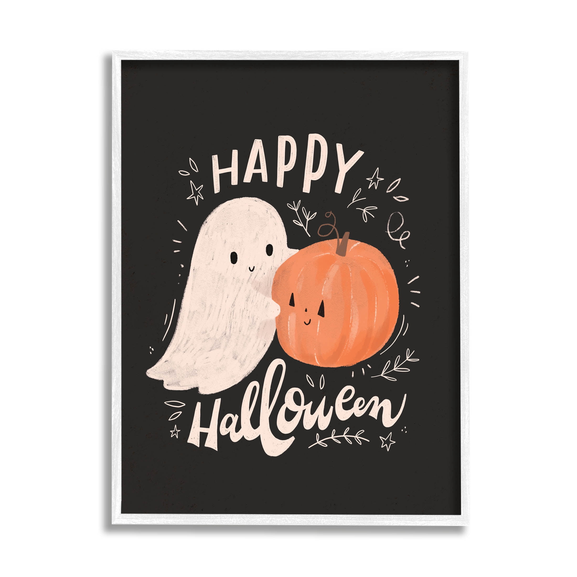 Happy Halloween Smiling Ghost Pumpkin Holiday Graphic Art White Framed Art Print Wall Art