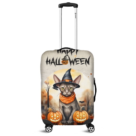 Happy Halloween Sphynx Witches Hat Pumpkin Carving Travel Luggage Cover Cat Lover Kitten Owner Gifts Idea Suitcase Dust Protective Decor - 02019