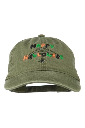 Happy Halloween Spider Webs Embroidered Washed Dyed Cap - Olive Green OSFM