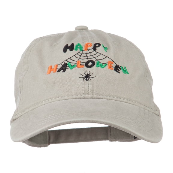 Happy Halloween Spider Webs Embroidered Washed Dyed Cap - Stone OSFM