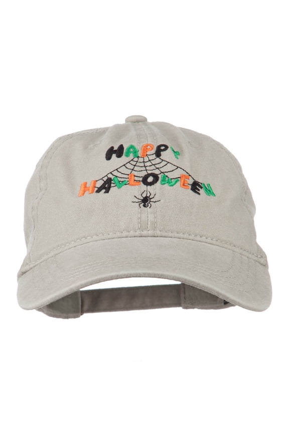 Happy Halloween Spider Webs Embroidered Washed Dyed Cap - Stone OSFM