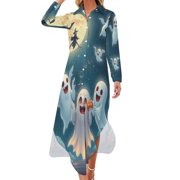 YHX66 Happy Halloween Spooky Ghosts Fun Chiffon Dress V Neck Beach Dresses Female Wear Casual Dress Birthday Gift