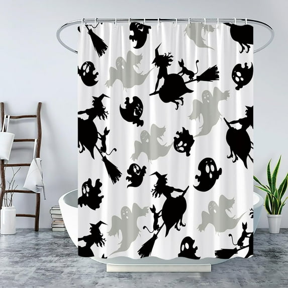 Happy Halloween Spooky Shower Curtain Black White Ghost Skull Funny Cartoon Witch Broom Black Cat Spooky Scary Gothic Magic Horror Happy Halloween Party Holiday Fabric Bath Curtain with Hook