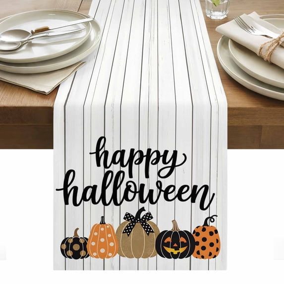 Happy Halloween Table Runner - 108 Inch Long, Kitchen Dining Table Runner Dresser Scarves, Dot Pumpkins Holiday Wooden Plank Farmhouse Decor for Coffee Tables Wedding Party Banquet