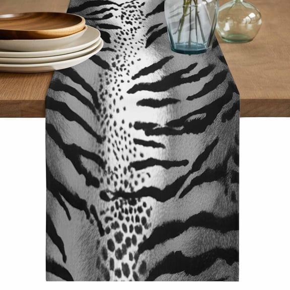 Leopard Stripes Table Runner 36 Inches, Vintage Black White Animals Texture Bed Runner Dresser Scarves Tabletop for Indoor Outdoor Parties/Ceremony/Banquet, 13"x 36"