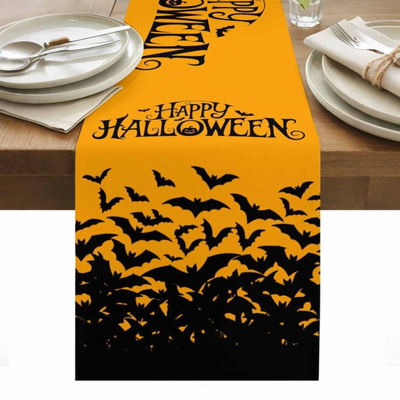 Happy Halloween Table Runner - 48 Inch Long, Kitchen Dining Table Runner Dresser Scarves, Orange Farmhouse Black Bat Scary Animals Farmhouse Decor for Coffee Tables Wedding Party Banquet