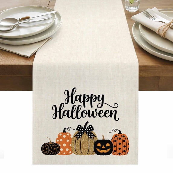 Happy Halloween Table Runner - 70 Inch Long, Kitchen Dining Table Runner Dresser Scarves, Holiday Pumpkins Black Dots Retro Beige Farmhouse Decor for Coffee Tables Wedding Party Banquet