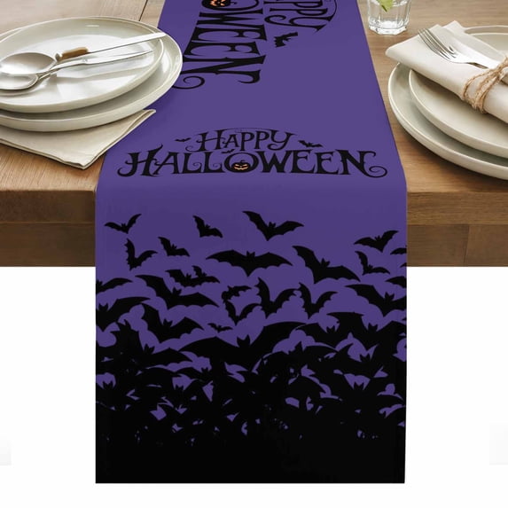 Happy Halloween Table Runner - 70 Inch Long, Kitchen Dining Table Runner Dresser Scarves, Vintage Purple Pumpkin Bat Farmhouse Decor for Coffee Tables Wedding Party Banquet