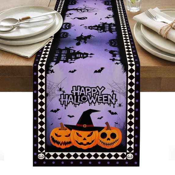 Happy Halloween Table Runner - 72 Inch Long, Kitchen Dining Table Runner Dresser Scarves, Spooky Pumpkins Horror Bat Purple Farmhouse Decor for Coffee Tables Wedding Party Banquet