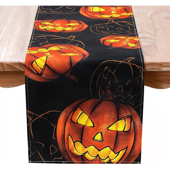Happy Halloween Table Runner Black and Orange Rectangle Runner with Evil Pumpkin for Holiday Kitchen Dining Table Decoration or Home Party Decor 13 x 90 Inch