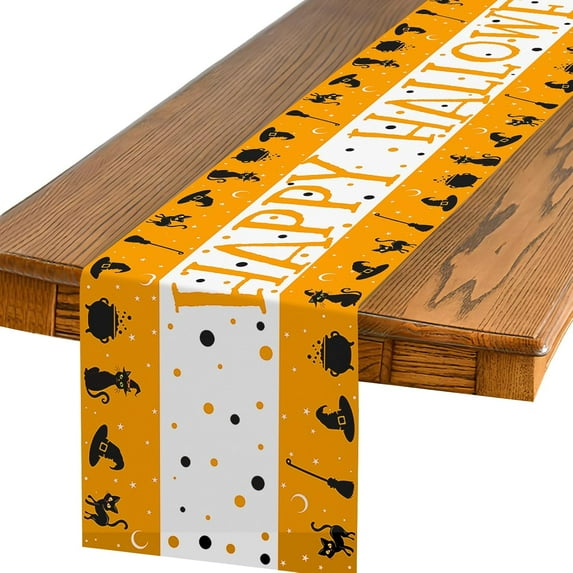 Happy Halloween Table Runner - Black & Orange Seasonal Holiday Runner for Decor, Cute Cloth for Party Dinner Table - 13 x 72 Inch