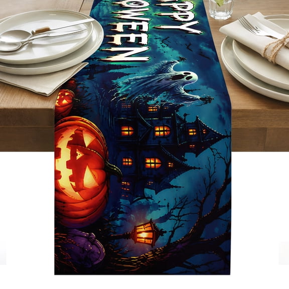 Happy Halloween Table Runner, Blue Dark Forest Haunted Castle Pumpkin Ghost Washable Kitchen Table Runners Dress Scarves for Dining Table Decorations Party/Restaurant/Indoor Outdoor Use, 13x72in