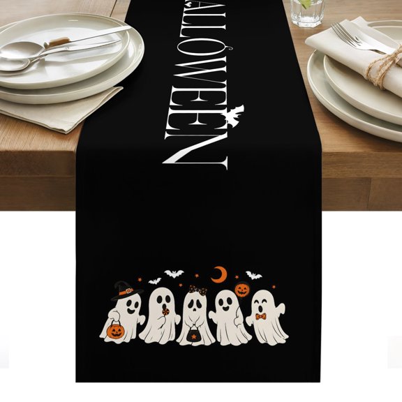 Happy Halloween Table Runner, Floating White Ghosts Pumpkin Basket Black Washable Kitchen Table Runners Dress Scarves for Dining Table Decorations Party/Restaurant/Indoor Outdoor Use, 18x72in