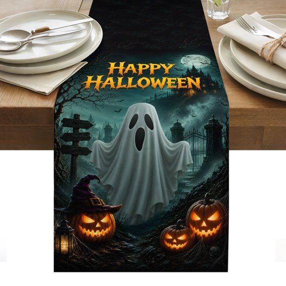 Happy Halloween Table Runner, Ghosts Mysterious Night Dark Forest Pumpkins Washable Kitchen Table Runners Dress Scarves for Dining Table Decorations Party/Restaurant/Indoor Outdoor Use, 13x48in